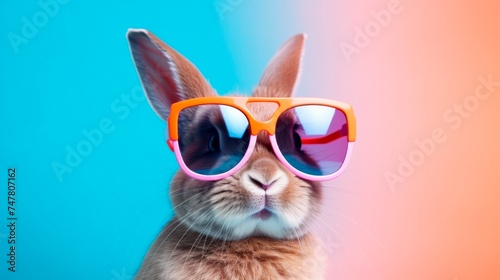 funny easter Bunny With sunglasses In vibrant blue background Copy space for text. easter concept, horizontal banner 
