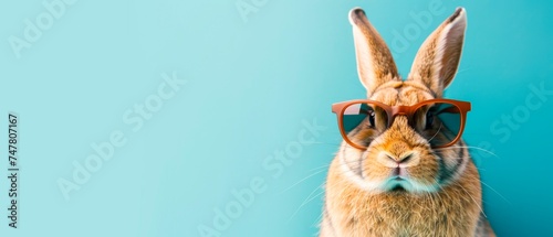 funny easter Bunny With sunglasses In vibrant blue background Copy space for text. easter concept, horizontal banner 