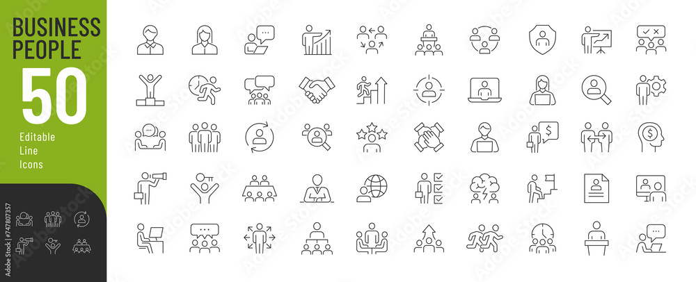 Business People Line Editable Icons set. Vector illustration in modern thin line style of business related icons: leadership, teamwork, business communication, male and female avatars, career.