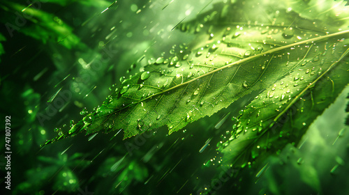 Fresh Green Leaves and Spring Dew, Natures Beauty and Bright Raindrops, Environmental Freshness and Plant Growth, Detailed and Vibrant Background