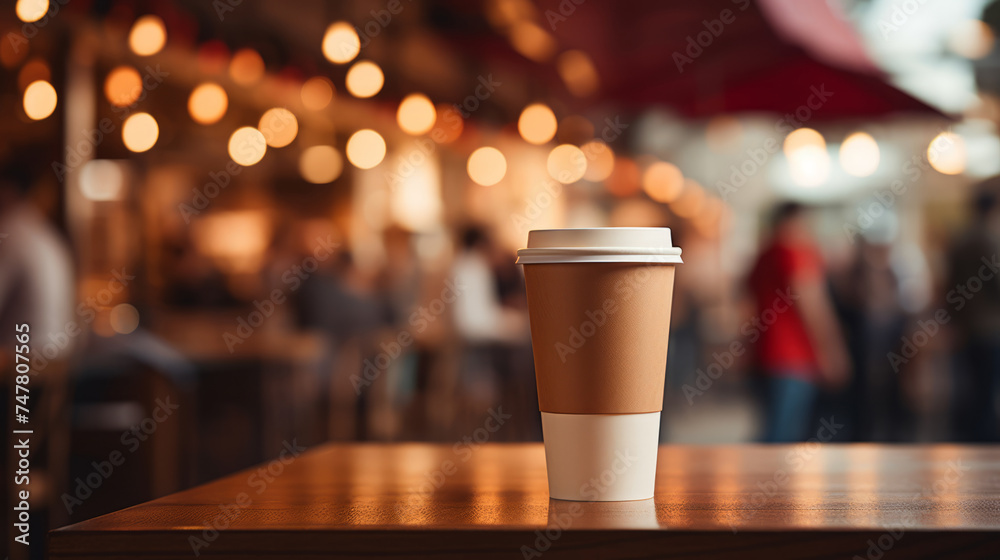 Paper cup of coffee on a wooden table in a coffee shop. Space for text and design.