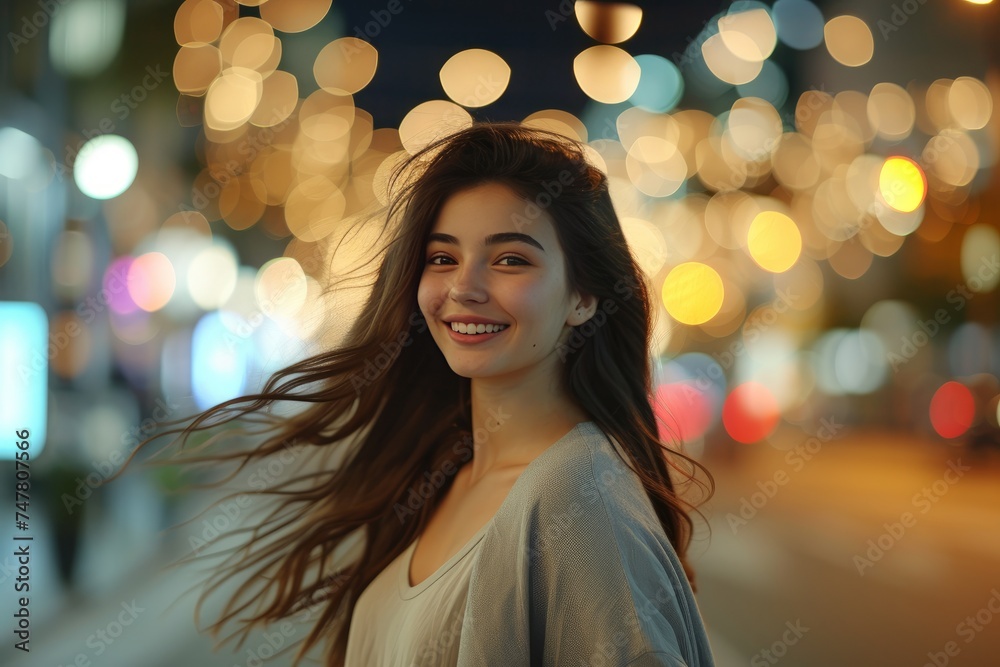 Pretty young woman amidst city lights, her confident stride and radiant smile captivating amidst the urban landscape. photo on white isolated background