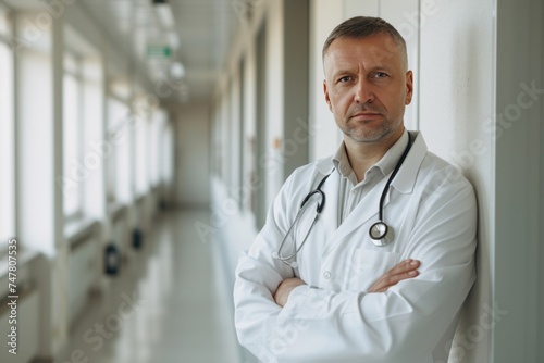 A portrait of a doctor standing in medical corridor with stethoscope.