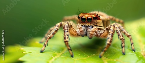 A close-up view of a jumper spider resting on a vibrant green leaf, showcasing its intricate body structure and distinct markings.