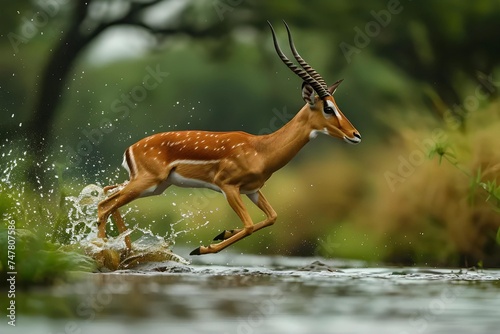 An antelope leaping gracefully over a small stream in the African bush, capturing the elegance and agility of the animal.