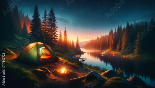 Twilight Serenity at Lakeside Camp, Cozy Tent and Starry Sky, Generative AI