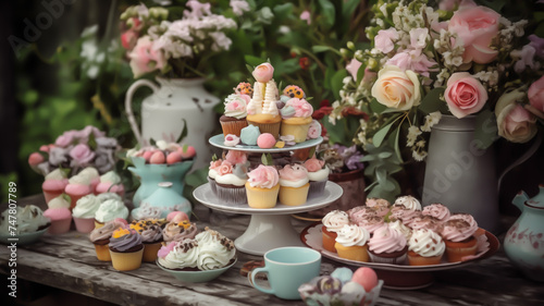 Delicious cake with flowers, candles and cupcakes on a dining table