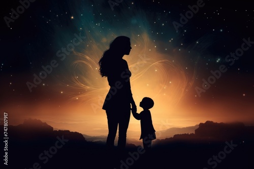 A silhouette of a mother and child with space