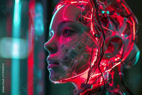 face of female humanoid android Artificial Intelligence mechanical robot be creative Have an understanding of orders the most advanced operating system Robot innovations future cyber punk red tone