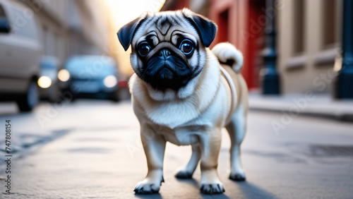 A charming pug dog stands on a city street and looks at the camera