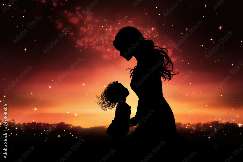 A silhouette of a mother and child with space