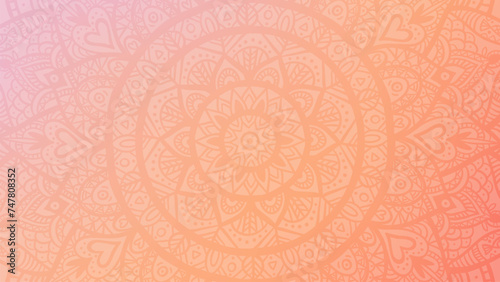 Round mandala on dreamy peach fuzz gradient background. Translucent mesh pattern in the form of a mandala. Mandala with floral patterns. Pastel Yoga template.