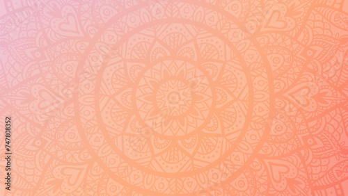 Round mandala on dreamy peach fuzz gradient background. Translucent mesh pattern in the form of a mandala. Mandala with floral patterns. Pastel Yoga template.