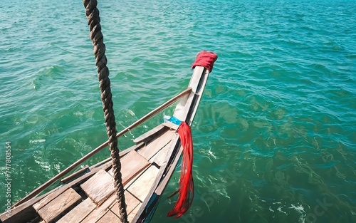 View from head of traditional wooden boat with red cloth tied. fishing boat, traditional thailand longtail boat