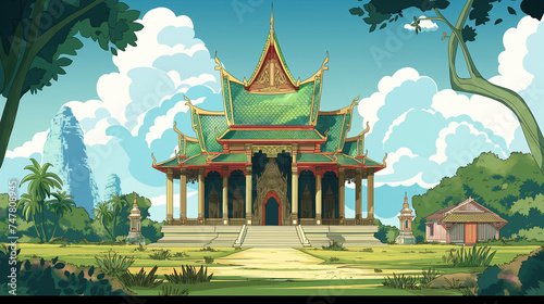 Thai beautiful temple in cartoon design,generative AI illustration photo