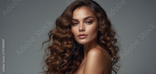 Plus-Sized Model girl shiny brown curly healthy hair on neutral background. Hair and Skincare Products Ai Generative 