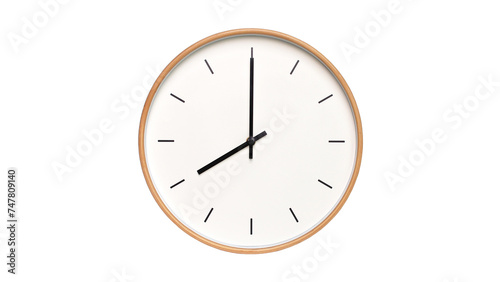 Isolated on white background Minimalist style wooden wall clock, showing time at 8:00.