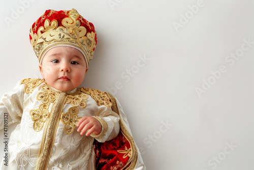 Adorable baby dressed in an Ottoman Empire style costume. Cute infant dressed as an Ottoman Sultan with ornate red and gold detail. Child in masquerade clothing. Kid in carnival costume.