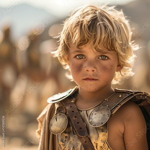 Little warrior boy in ancient Roman armor. Young child dressed in a historical warrior armor poses outdoors. Boy Spartan Warrior. Masquerade concept.