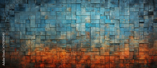 The painting depicts a blue and orange wall with abstract art, steel colors, and miscellaneous textures in the background. The colors are vibrant and the textures add depth to the composition.