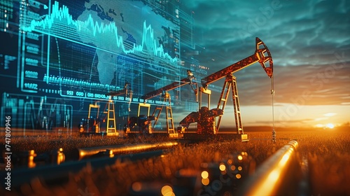  Rise in gasoline prices concept with double exposure of digital screen with financial chart graphs and oil pumps on a field. Digital screen and oil pumps symbolize rising fuel costs.