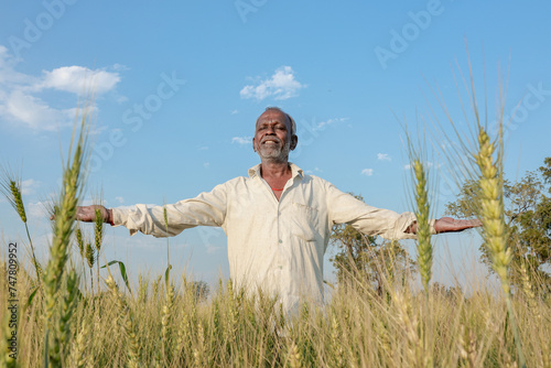 Indian farmer standing at wheat field  Happy farmer