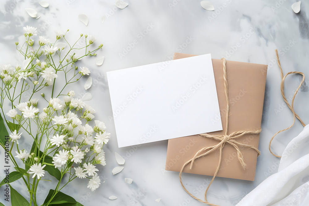 White greeting card with flowers mock up high angle view directly above decoration. Neural network generated image. Not based on any actual scene or pattern. White greeting card with flowers mock up high angle view directly above decoration. Neural network generated image. Not based on any actual scene or pattern.
