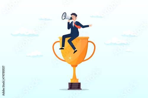 Businessman telling success story with megaphone on winner trophy, success story to motivate people to develop and improve to achieve life success, telling story, inspire people, aspiration (Vector)