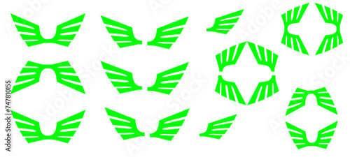 Wings icons. Green Wings badges. Collection wings badges. Vector illustration.