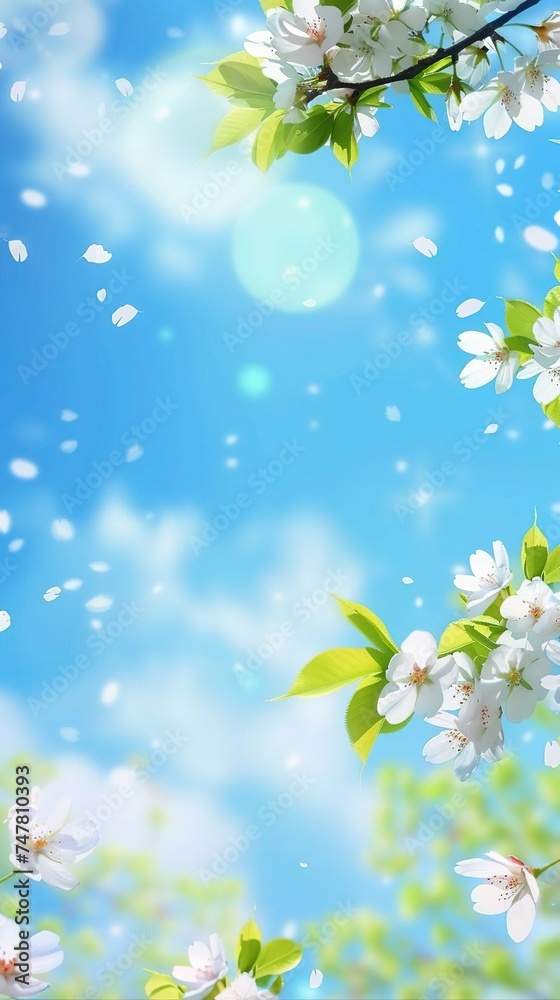 Blossoming tree branch on blue sky background. Spring equinox concept Blossoming tree branch on blue sky background. Spring equinox concept