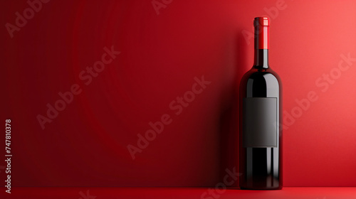 red wine bottle with blank black label mock up isolated on red background, concept design in product development
