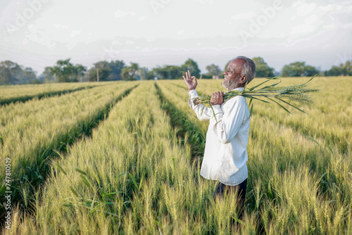 Indian farmer standing at wheat field, Happy farmer