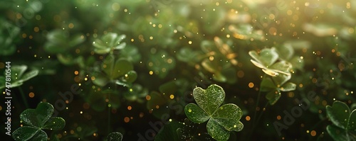 Clover leaves on green background. Three-leaved shamrocks. St Patrick Day holiday symbol. Template for design card, invitation, banner
