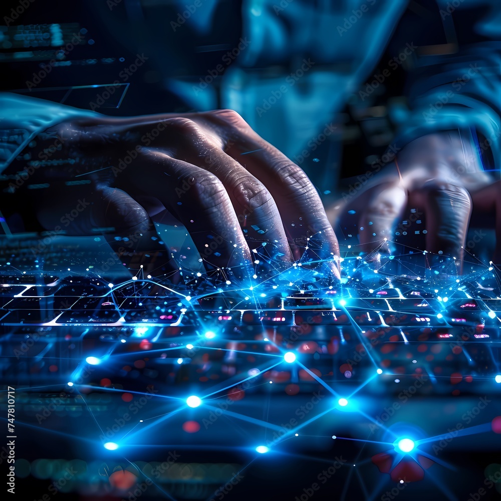 A user navigates a sophisticated cyber network, with hands engaging vividly illuminated connection nodes against a backdrop of digital data streams. This scene showcases the dynamic interface of