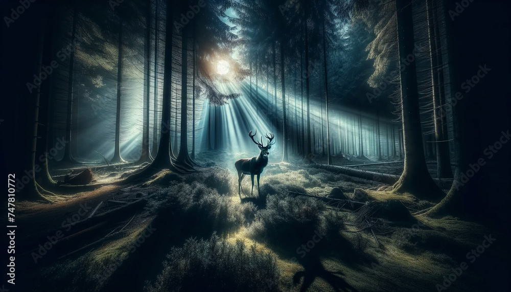 Majestic Deer in Moonlit Forest, A Night of Mystical Solitude, Generative AI