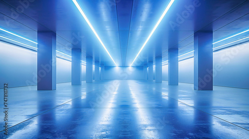 Futuristic Corridor with Bright Lights, Modern Tunnel Design, Abstract Architecture and Space Concept