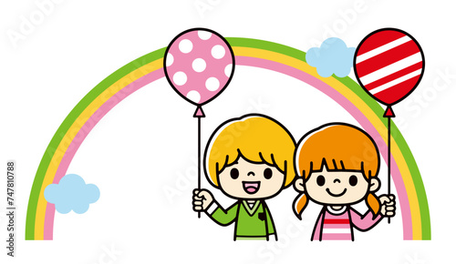 Illustration of cute children holding balloons in front of a rainbow