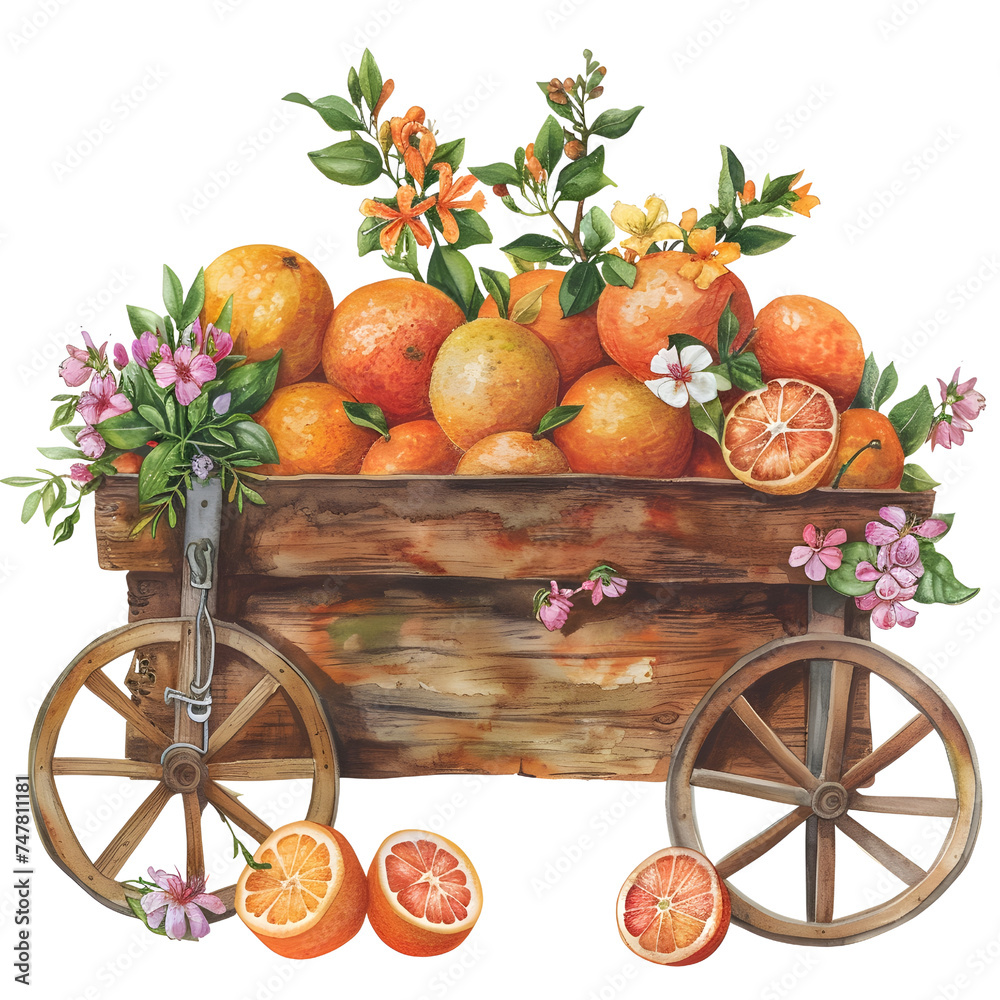 Vintage Watercolor Illustration of Orange Cart with Flowers isolated on white background PNG transparent background.