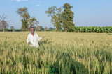 Indian farmer standing at wheat field, Happy farmer