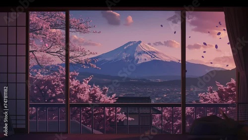 Japan house at spring with view mount fuji. seamless looping 4k time-lapse animation video background photo