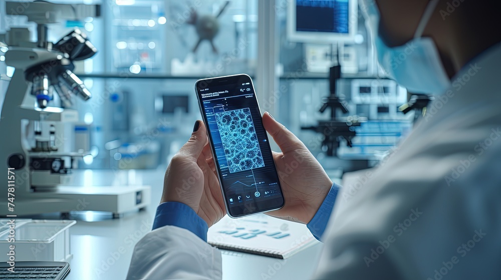 Medical-scientist in laboratory. Phone screen with test results for drugs, virus and bacteria in laboratory. Phone screen shows intricate details of virus test findings.