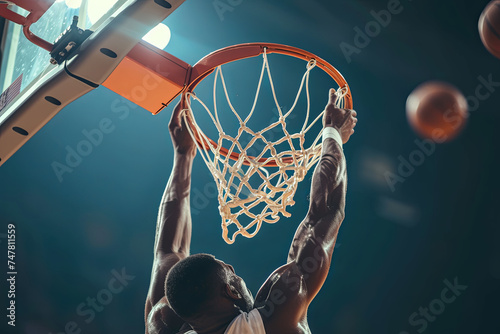 A Basketball Player executing an athletic, remarkable slam dunk
