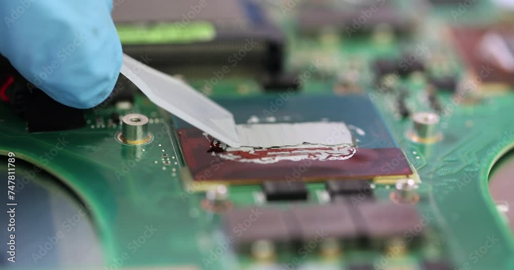 Repairman applying thermal paste on computer motherboard in workshop closeup 4k movie slow motion. Electronics repair of computers and laptops concept