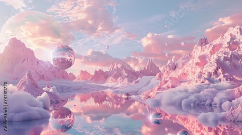A surreal alien mountain landscape in trendy pastel pink and blue colors. A space planet or a fantasy world photo