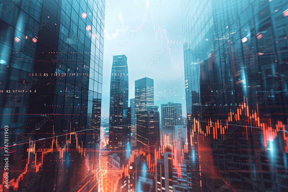 Concept of real estate, development, and investing represented with financial chart indicators and stock market graphs on city skyscrapers tops bottom view, double exposure