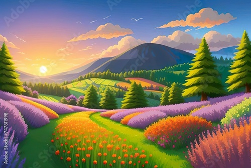 Beautiful and Peaceful Nature Scenery Illustration, Landscape, Countryside, Tranquil, Vibrant and Colorful