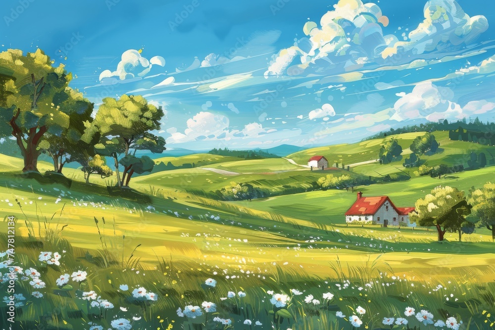 vibrantly colored painting of a small, white farmhouse nestled amidst a field of wildflowers