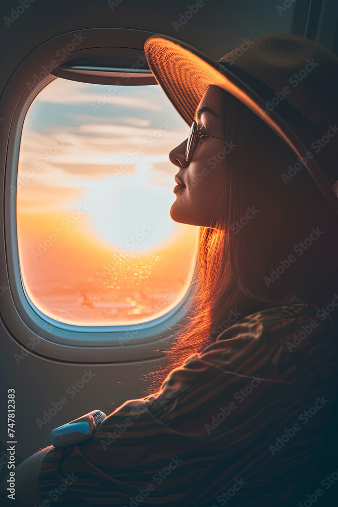 Naklejka premium A tourist woman in an airplane or airport, symbolizing Travel addicted concept with a female enjoying vacation - Travel, holidays, and love concept
