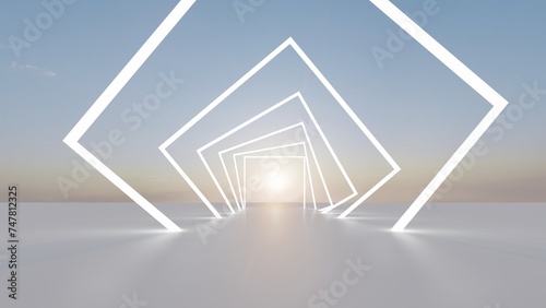 Abstract geometric pattern of glowing white neon squares in sky background 3d rendering