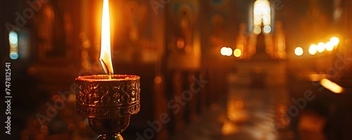 The candle flame in orthodox church, close up photo